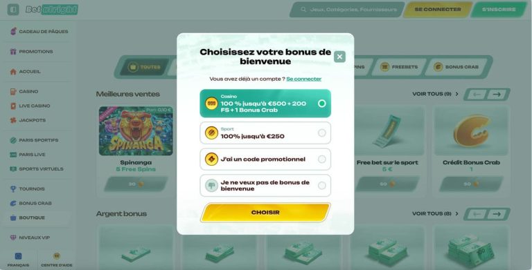 Betalright Casino choix bonus
